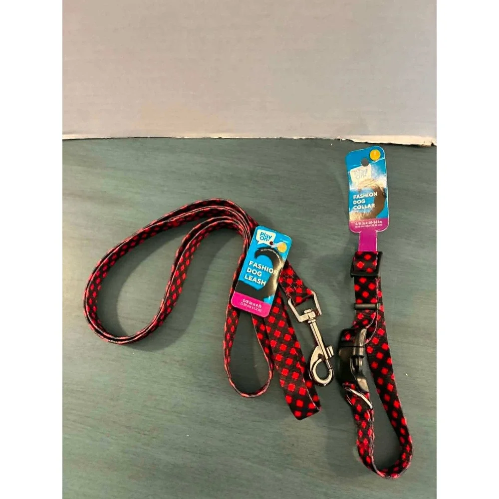 Play On! Dog Collar and Leash Set Small Red Black Checkered New NWT‎ Patterned